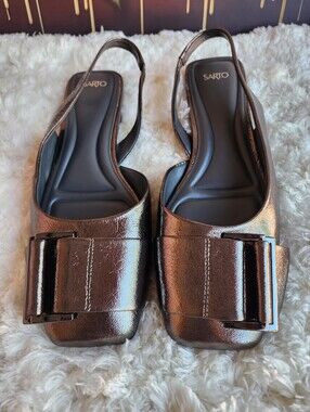 Sarto Metallic Silver Slingback Flats with Decorative Buckle